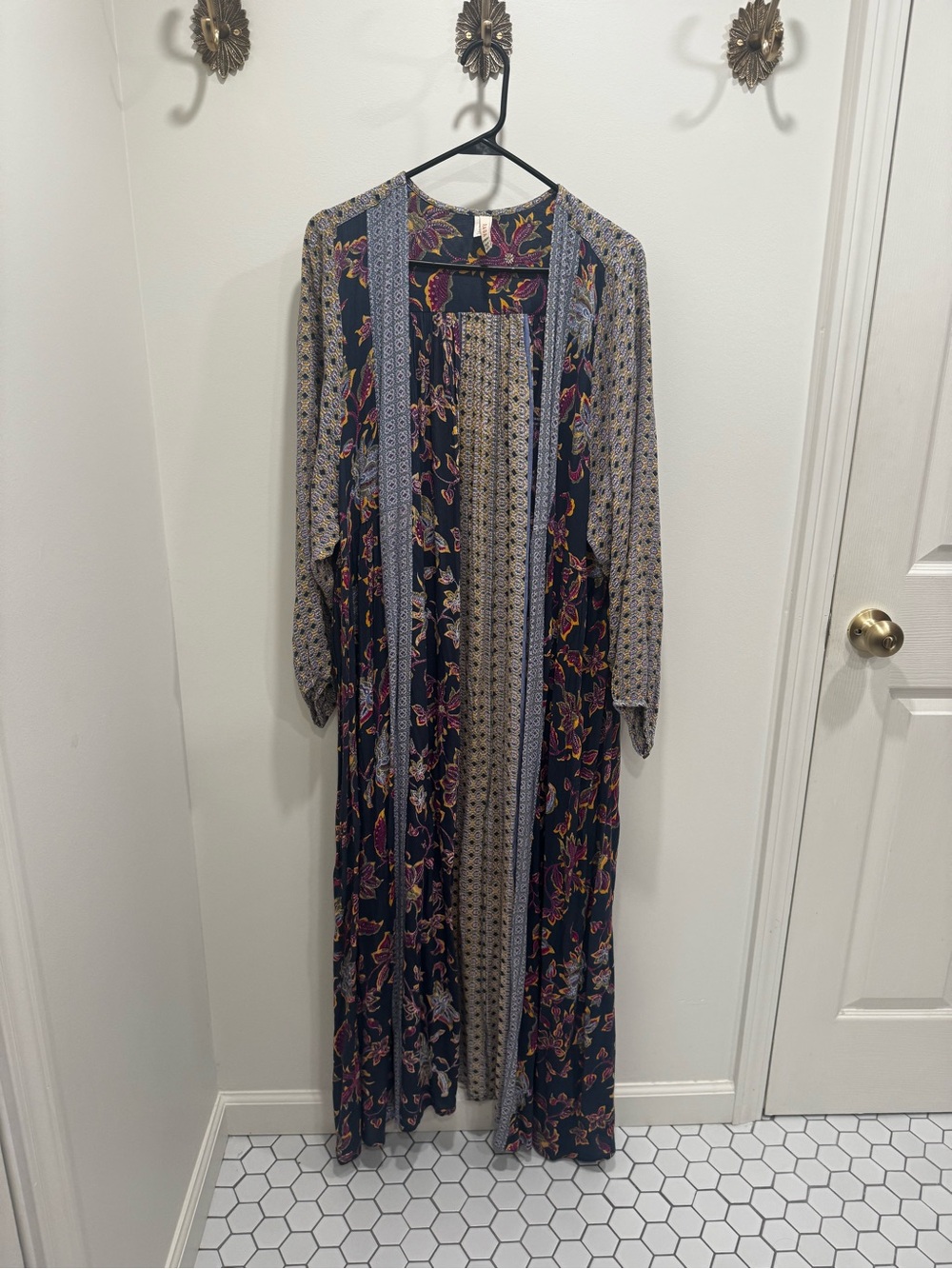 RAGA Navy Floral Maxi Kimono with Pink and Cream Accents